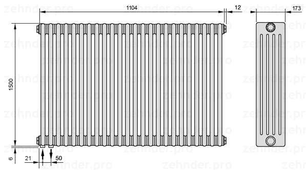 Схема (чертеж) Радиатор Zehnder Charleston 5150/24 №3370 Белый глянцевый RAL 9016